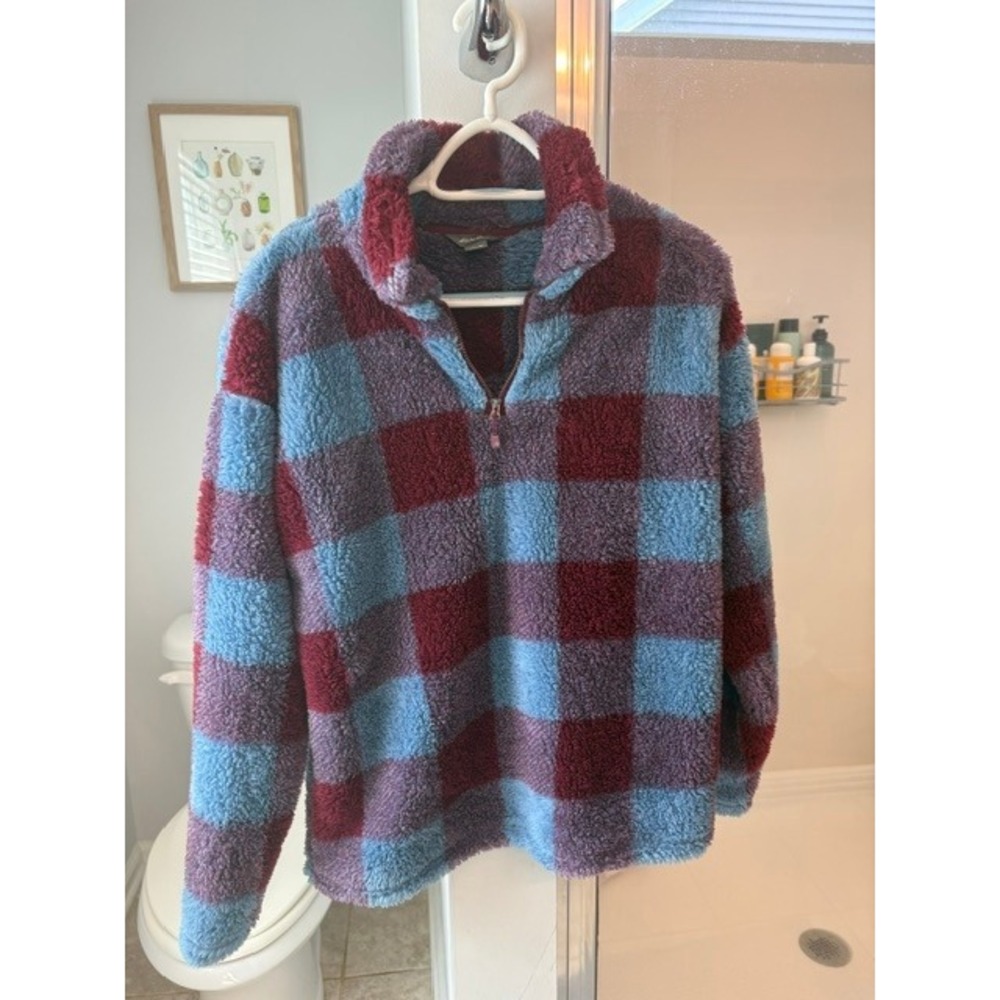 Eddie Bauer Women's M Sherpa Fleece Pullover Quarter Zip Plaid Blue Burgundy
